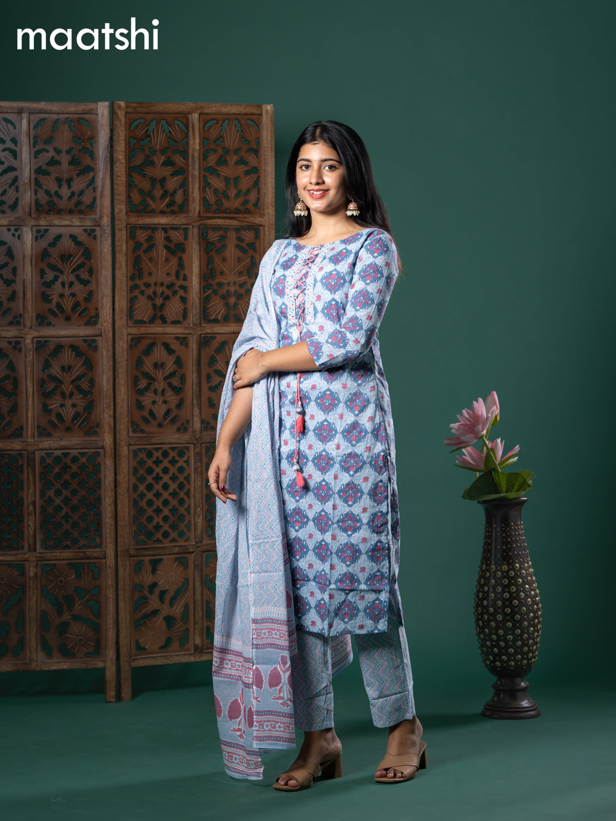 Cotton readymade salwar suit blue shade with allover prints & patch work neck pattern and straight cut pant & cotton dupatta