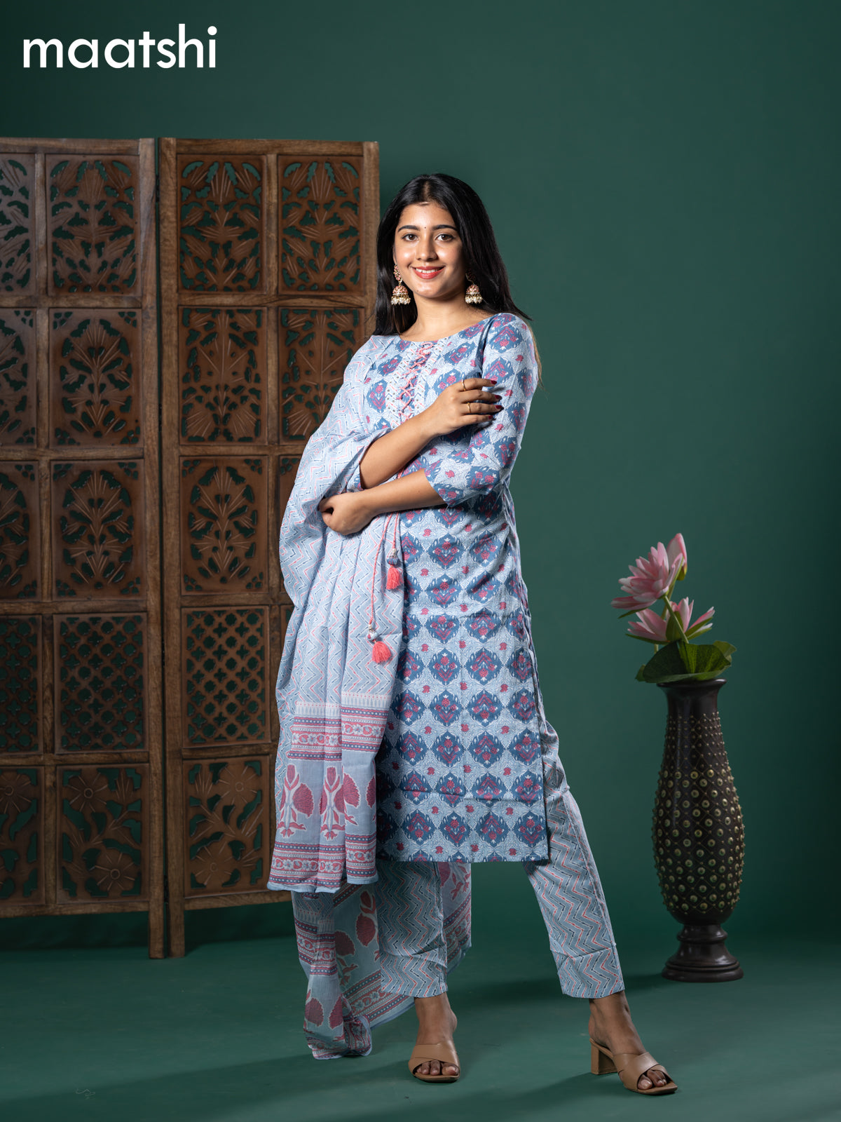 Cotton readymade salwar suit blue shade with allover prints & patch work neck pattern and straight cut pant & cotton dupatta