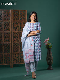 Cotton readymade salwar suit blue shade with allover prints & patch work neck pattern and straight cut pant & cotton dupatta