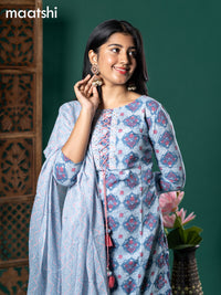 Cotton readymade salwar suit blue shade with allover prints & patch work neck pattern and straight cut pant & cotton dupatta