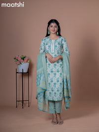 Cotton readymade salwar suits beige and pastel blue with floral prints & lace patch work neck pattern and straight cut pant & cotton dupatta