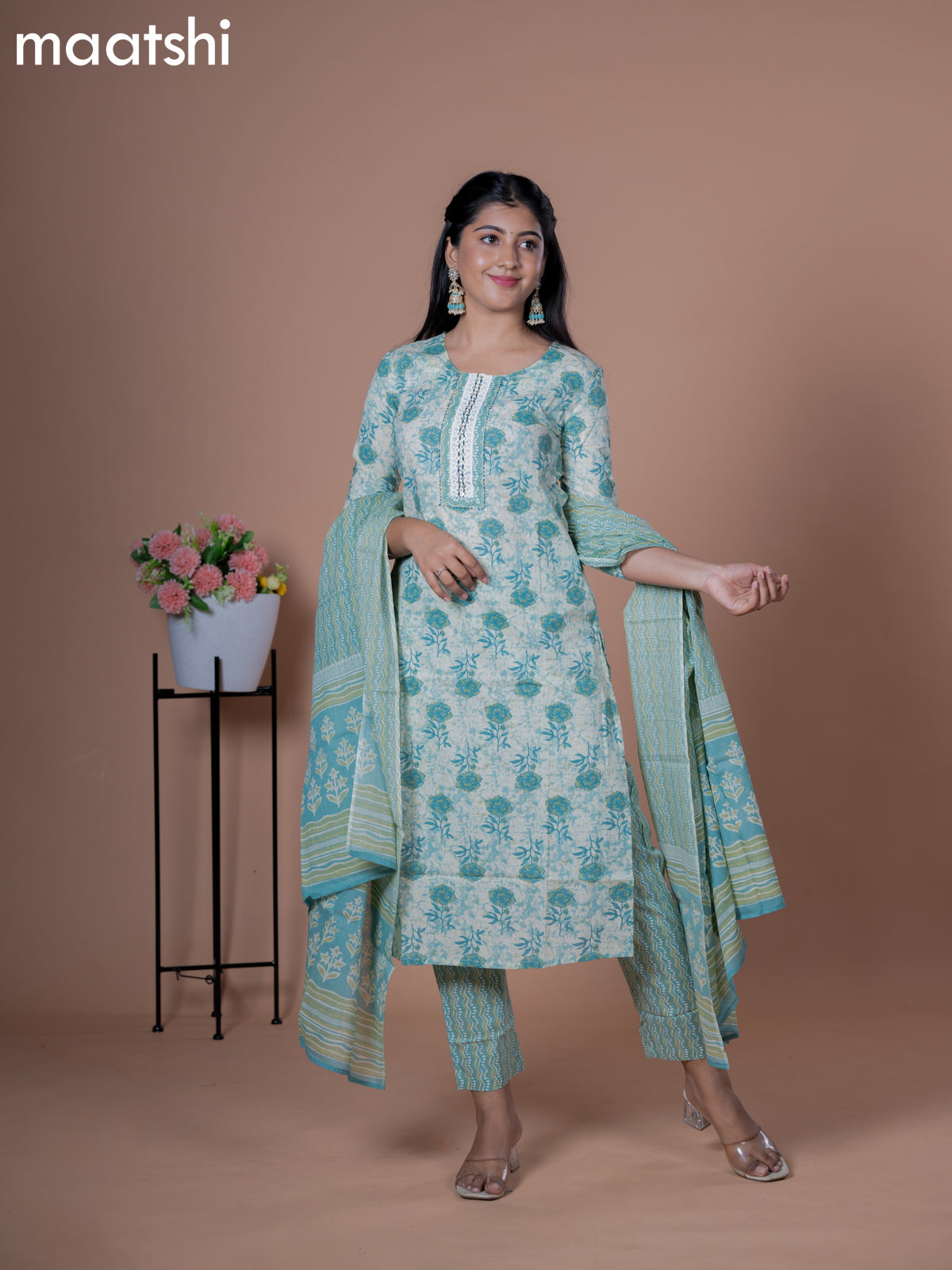 Cotton readymade salwar suits beige and pastel blue with floral prints & lace patch work neck pattern and straight cut pant & cotton dupatta