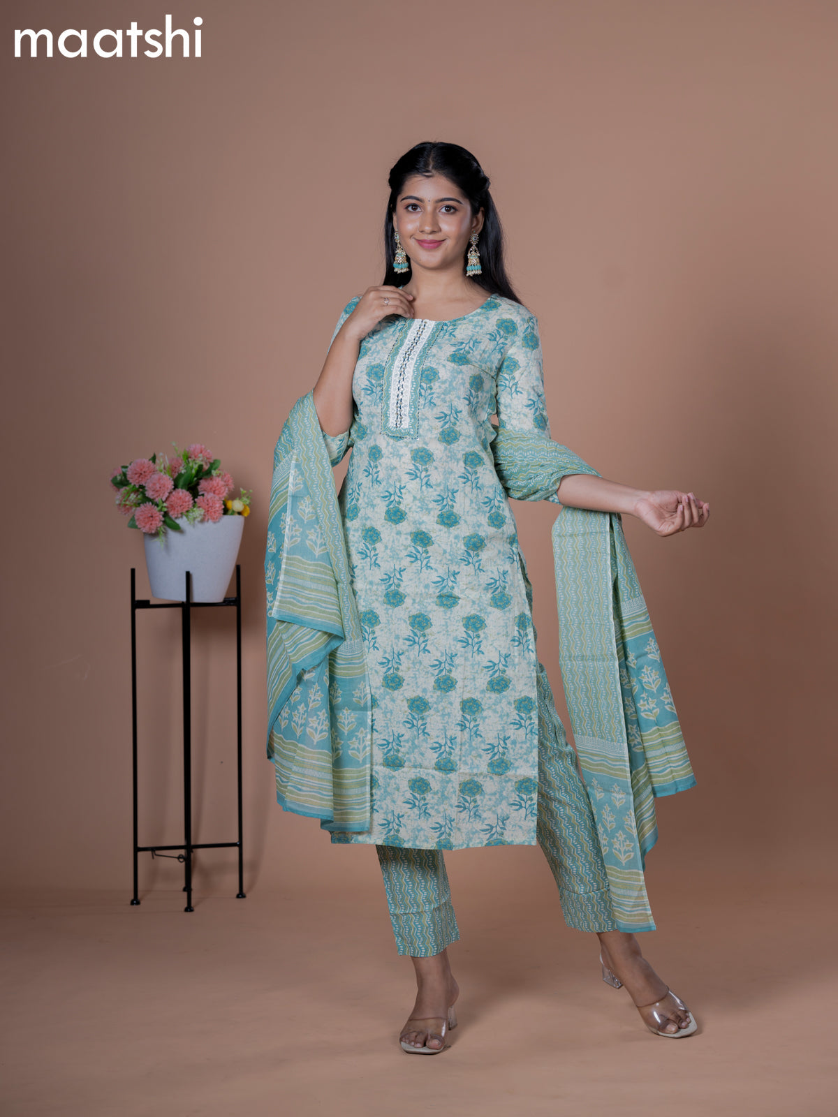 Cotton readymade salwar suits beige and pastel blue with floral prints & lace patch work neck pattern and straight cut pant & cotton dupatta