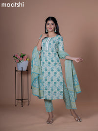 Cotton readymade salwar suits beige and pastel blue with floral prints & lace patch work neck pattern and straight cut pant & cotton dupatta