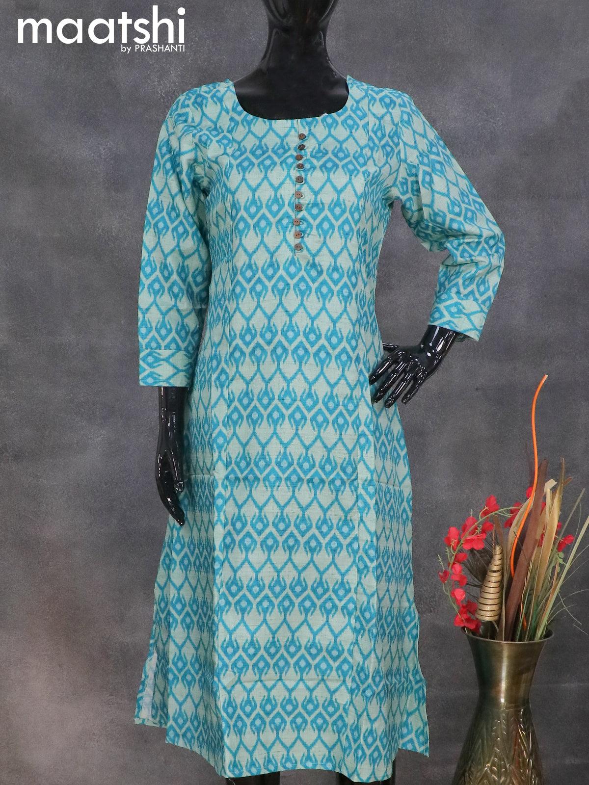 Semi tussar readymade A-line kurti teal blue shade with ikat prints without pant