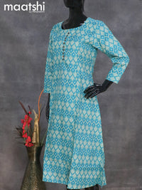 Semi tussar readymade A-line kurti teal blue shade with ikat prints without pant