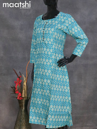 Semi tussar readymade A-line kurti teal blue shade with ikat prints without pant