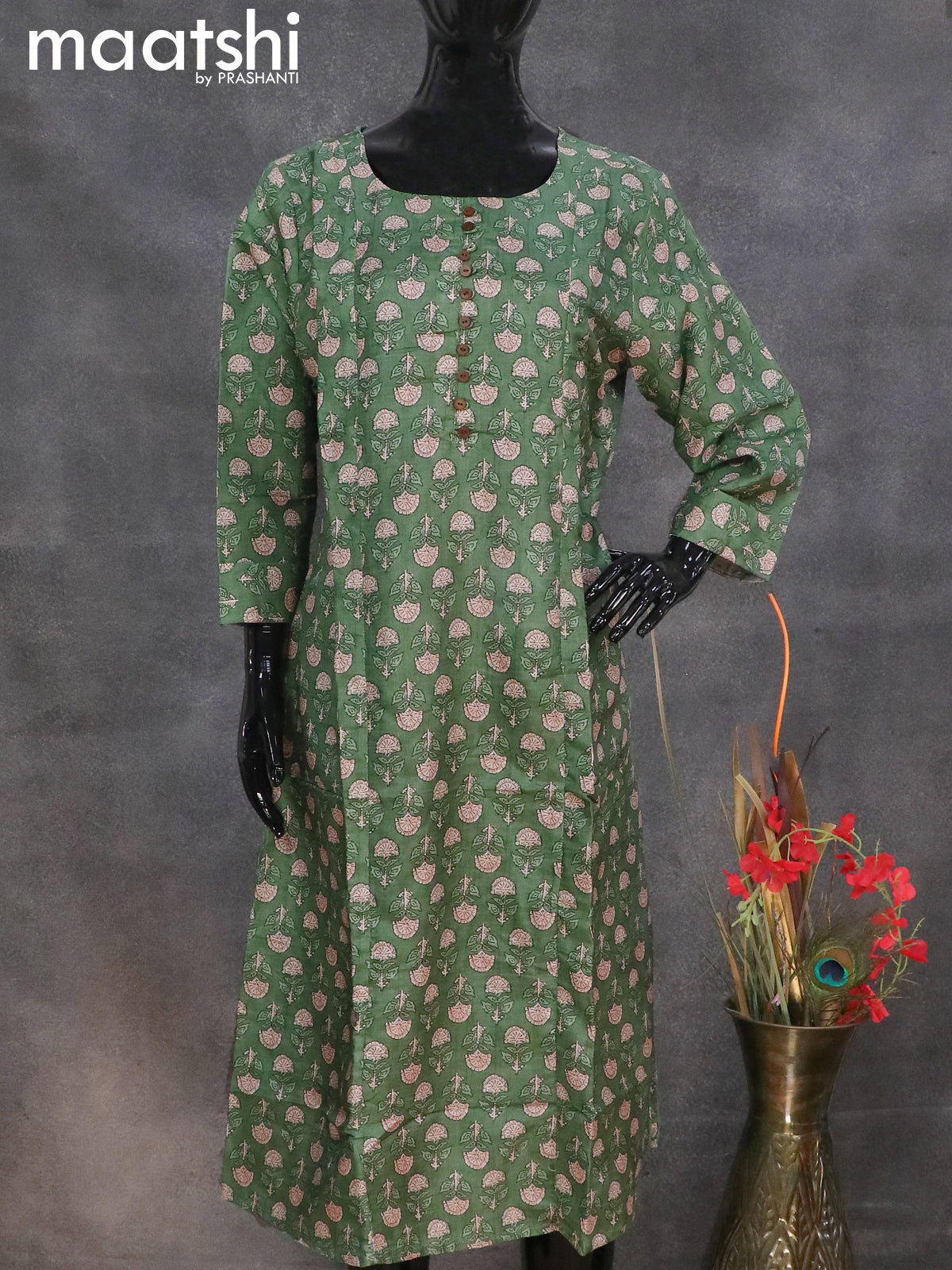 Semi tussar readymade A-line kurti green with floral butta prints without pant