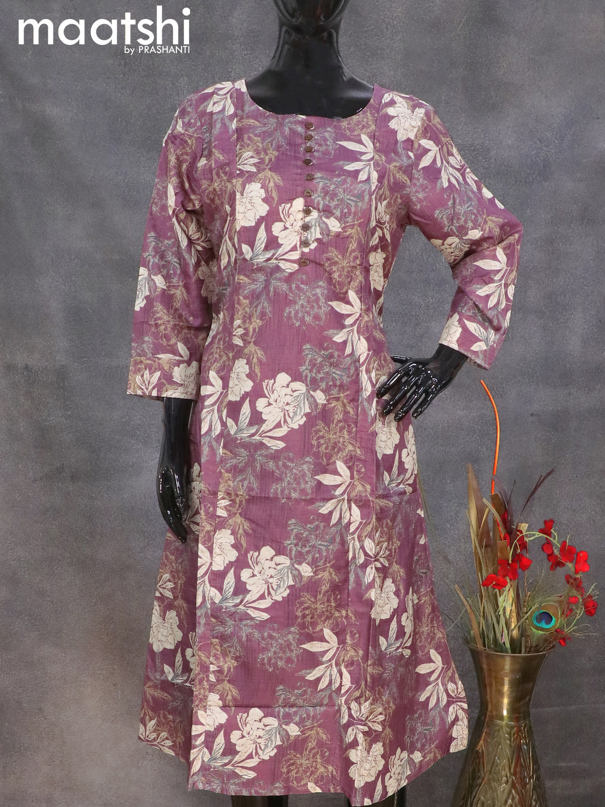 Semi tussar readymade A-line kurti wine shade with allover floral prints without pant