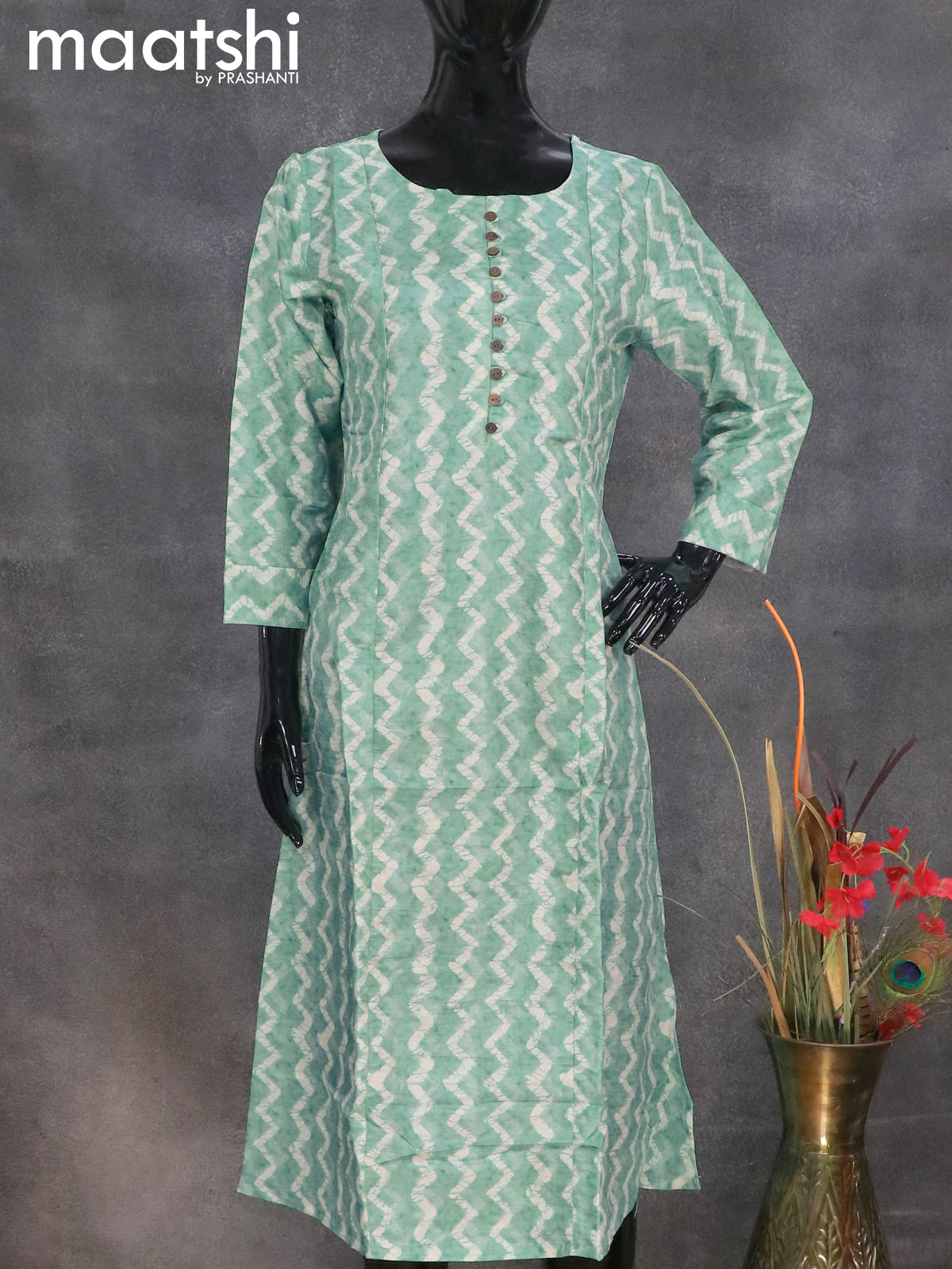 Semi tussar readymade A-line kurti teal blue shade with allover batik zig zag prints without pant