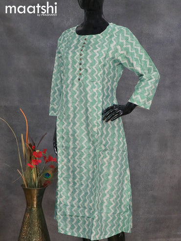 Semi tussar readymade A-line kurti teal blue shade with allover batik zig zag prints without pant