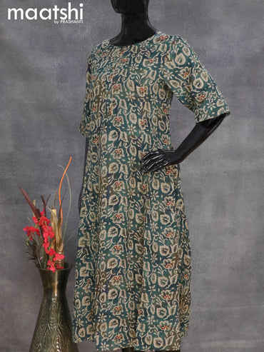 Soft cotton readymade A-line kurti peacock green with allover batik prints without pant