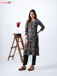 Rayon kurti set multi colour and black with allover bandhani prints & simple neck pattern and straight cut pant