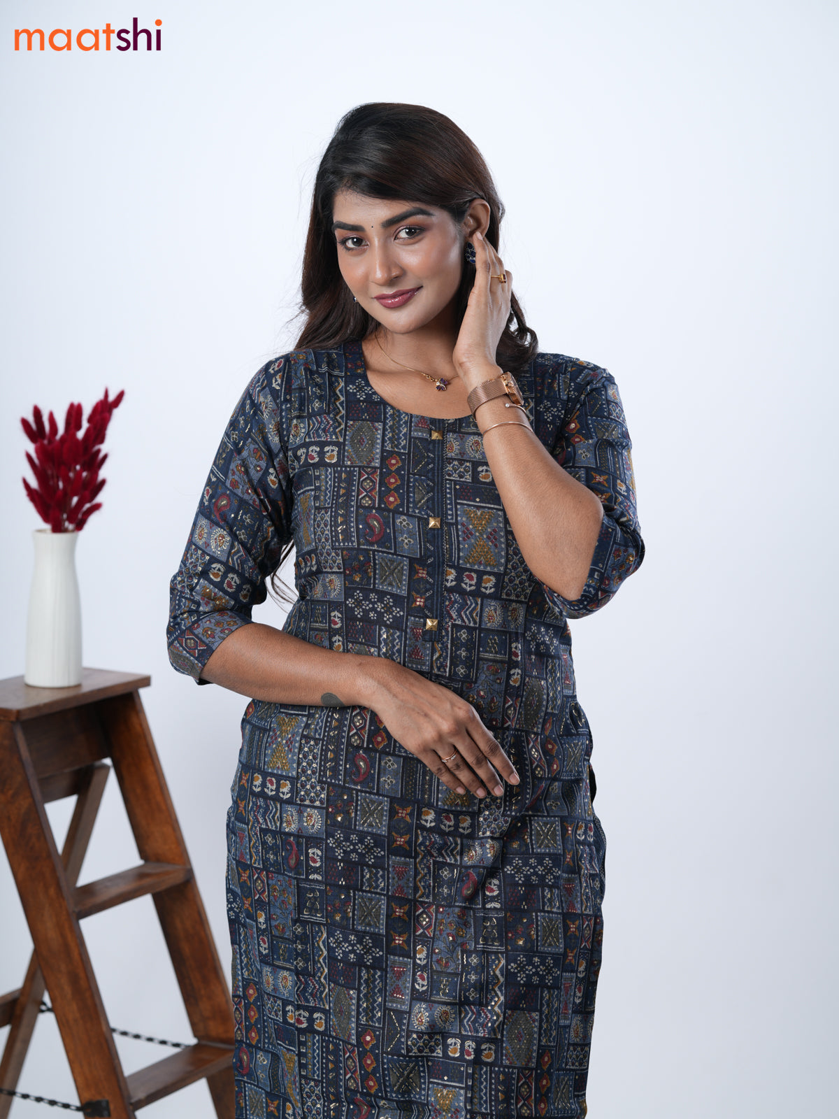 Rayon kurti set navy blue with allover prints & simple neck pattern and straight cut pant