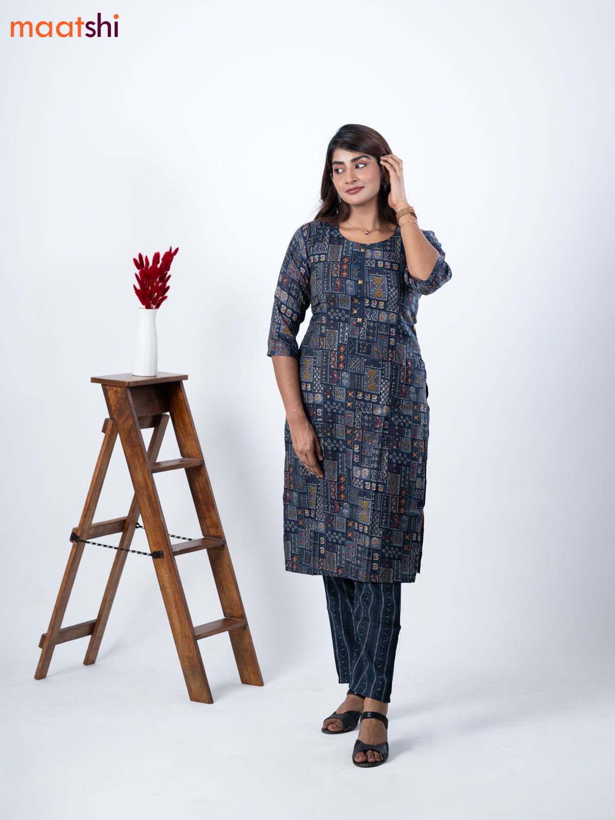 Rayon kurti set navy blue with allover prints & simple neck pattern and straight cut pant