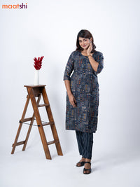 Rayon kurti set navy blue with allover prints & simple neck pattern and straight cut pant