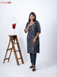 Rayon kurti set navy blue with allover prints & simple neck pattern and straight cut pant