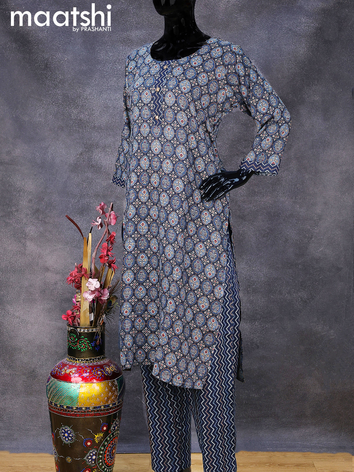 Rayon readymade kurti set dark navy blue with allover prints & simple neck pattern and straight cut pant