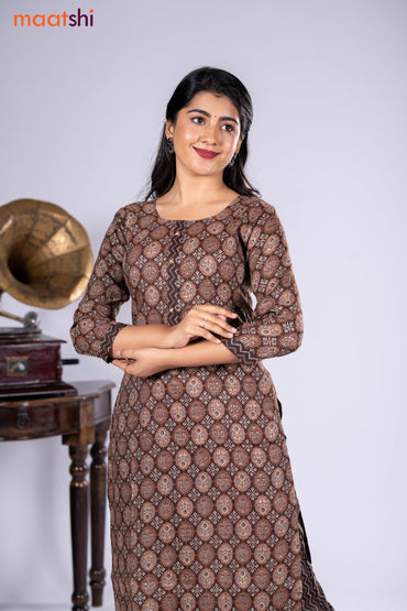 Rayon kurti pastel brown and brown with allover prints & simple neck pattern and straight cut pant