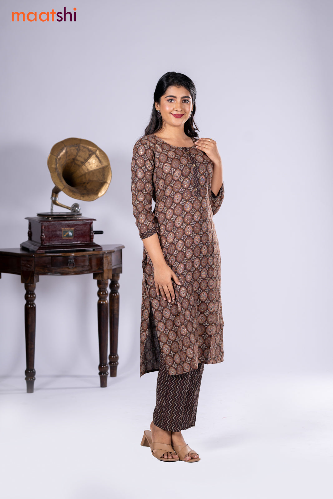 Rayon kurti pastel brown and brown with allover prints & simple neck pattern and straight cut pant