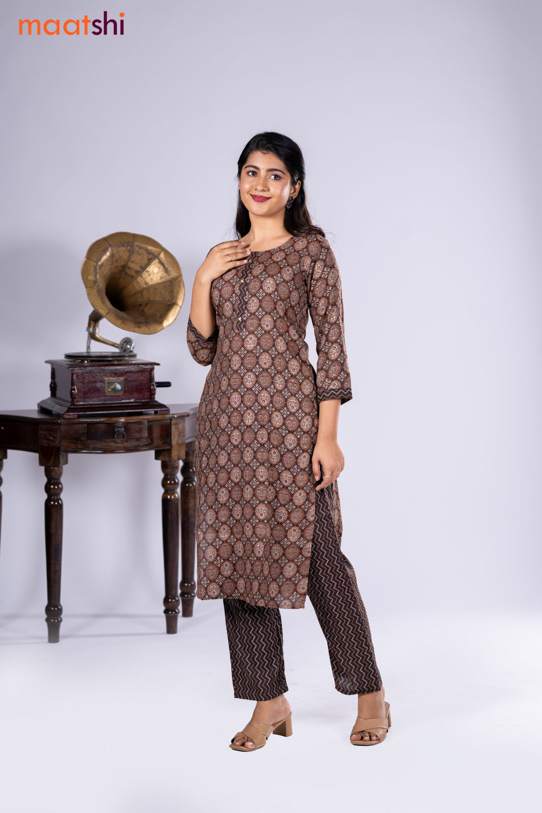 Rayon kurti pastel brown and brown with allover prints & simple neck pattern and straight cut pant