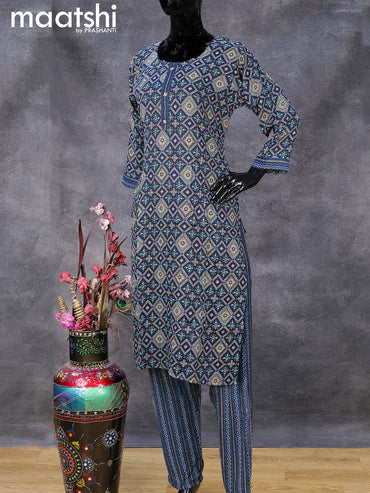 Rayon readymade kurti set navy blue with allover ikat prints & simple neck pattern and straight cut pant