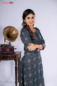 Rayon kurti navy blue with allover ikat prints & simple neck pattern and straight cut pant