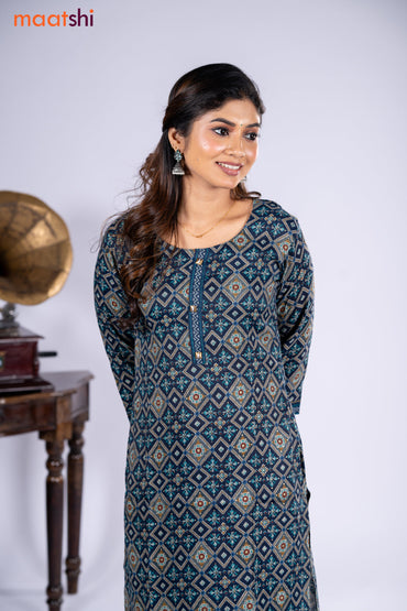 Rayon kurti navy blue with allover ikat prints & simple neck pattern and straight cut pant