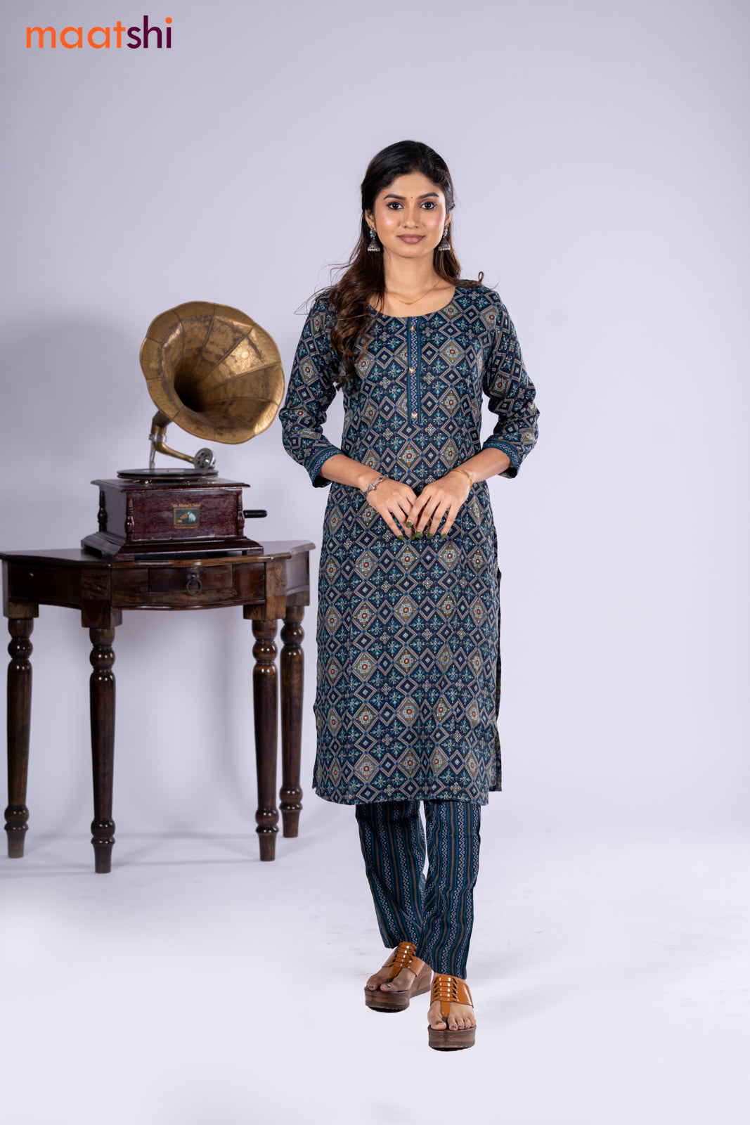 Rayon kurti navy blue with allover ikat prints & simple neck pattern and straight cut pant