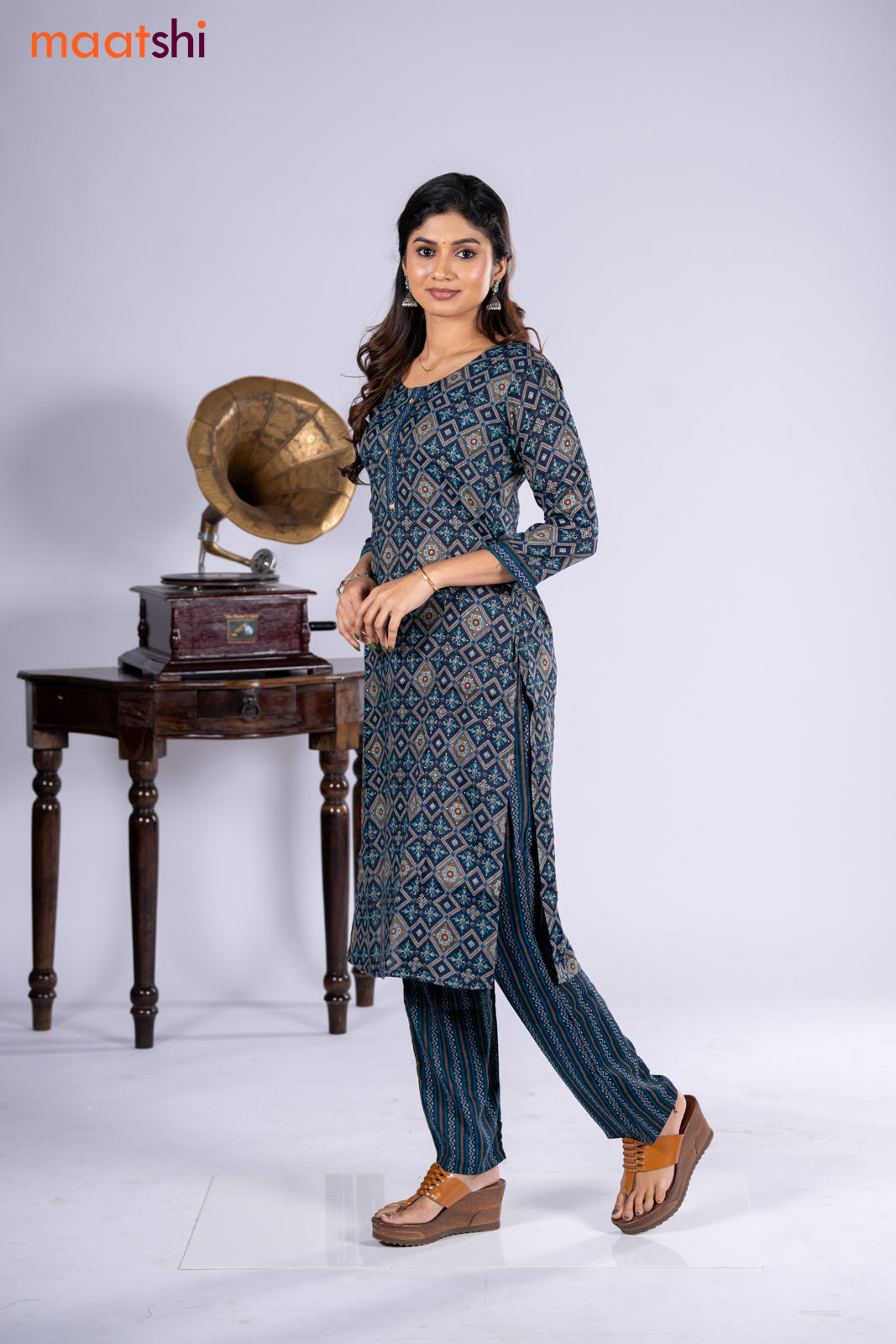 Rayon kurti navy blue with allover ikat prints & simple neck pattern and straight cut pant