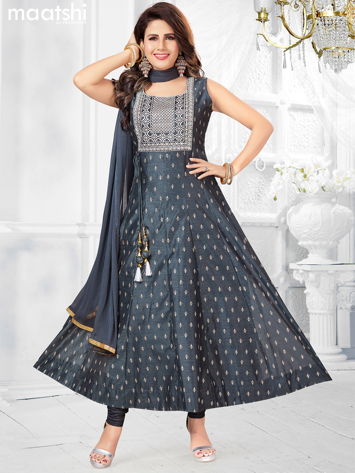 Raw silk readymade anarkali salwar suits grey with allover butta prints & sequin work neck pattern and straight cut pant & printed dupatta sleeve attached