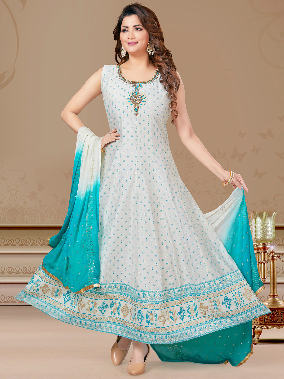 Raw silk readymade anarkali salwar suits off white and light blue with allover butta prints & embroidery stone work neck pattern and straight cut pant & printed dupatta sleeve attached