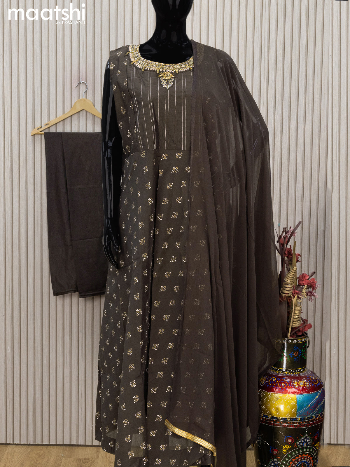 Raw silk readymade anarkali salwar suits brown shade with allover butta prints & embroidery stone work neck pattern and straight cut pant & printed dupatta sleeve attached