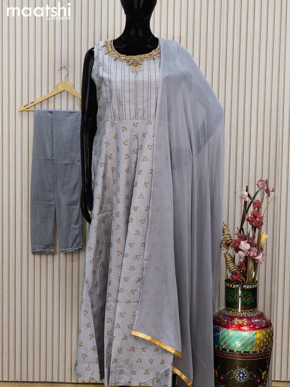 Raw silk readymade anarkali salwar suits grey with allover butta prints & embroidery stone work neck pattern and straight cut pant & printed dupatta sleeve attached