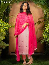 Chanderi readymade salwar suits pastel pink with embroidery & mirror work neck pattern and straight cut pant & chiffon dupatta sleeve attached