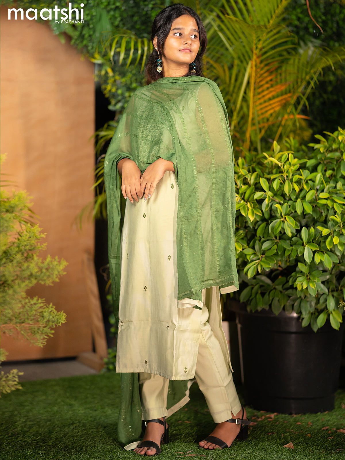 Chanderi readymade salwar suits pastel green with embroidery & mirror work neck pattern and straight cut pant & chiffon dupatta sleeve attached