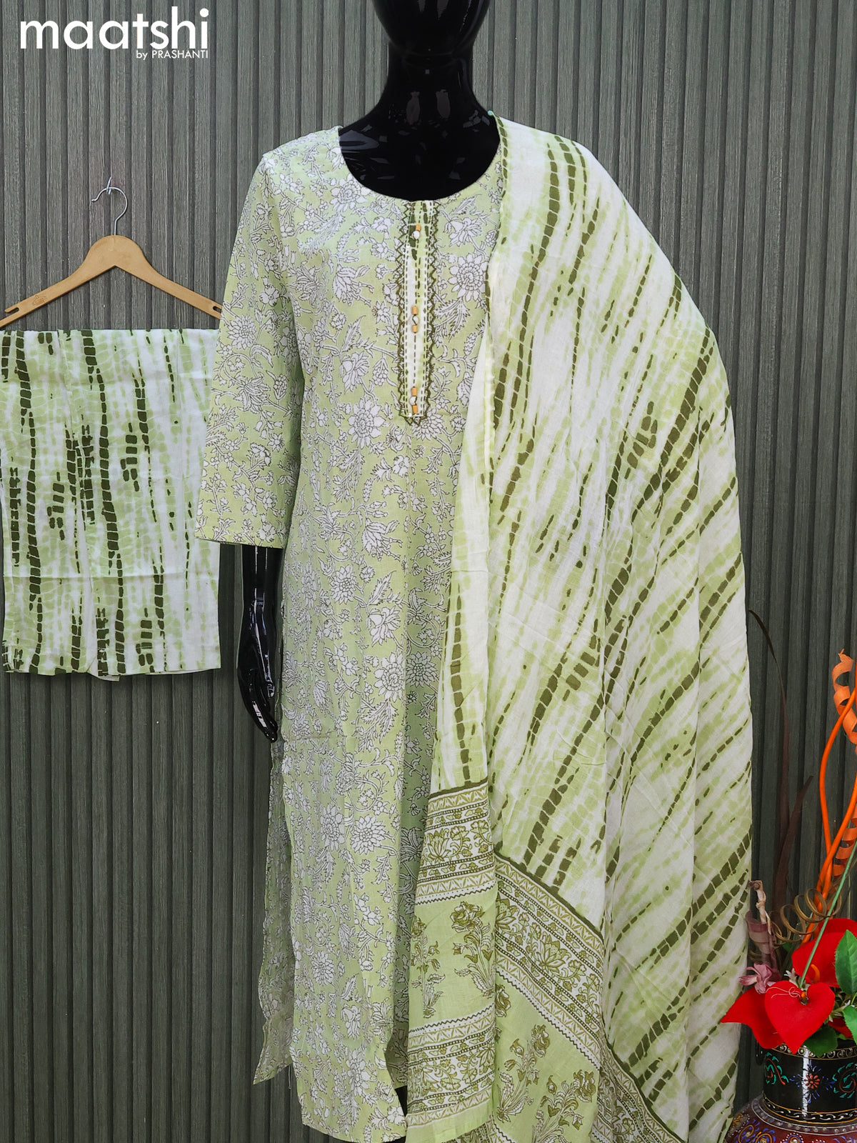 Cotton readymade salwar suits pista green and off white with allover floral prints & embroidery work neck pattern and straight cut pant & dupatta