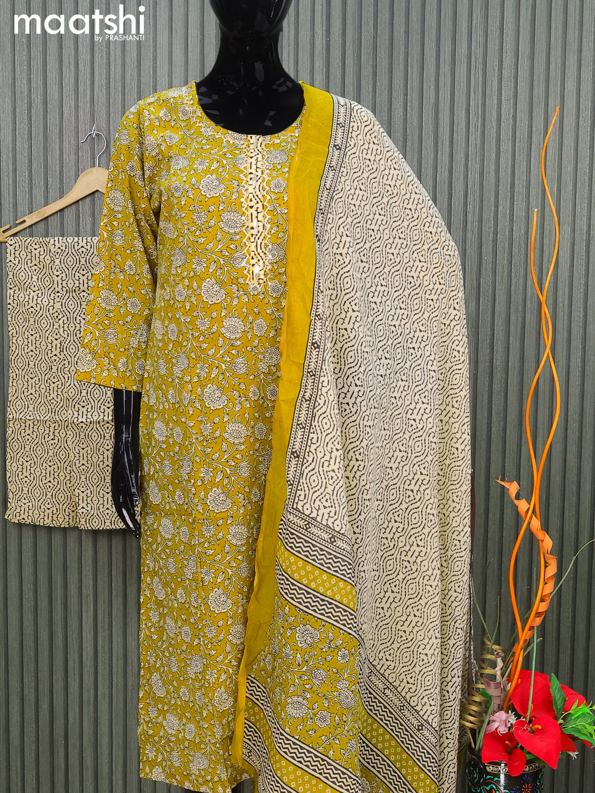 Cotton readymade salwar suits mustard yellow and beige with allover floral prints & embroidery work neck pattern and straight cut pant & dupatta