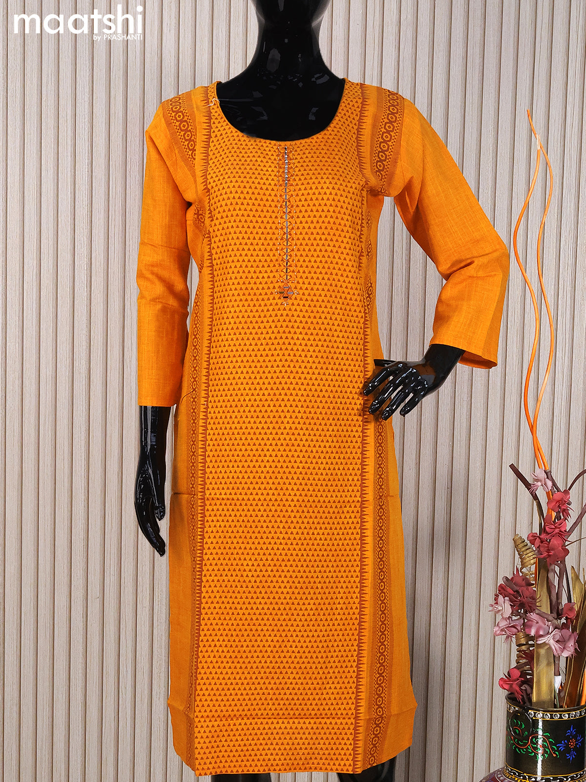 Rayon readymade kurti orange with allover geometric prints & mirror work neck pattern without pant