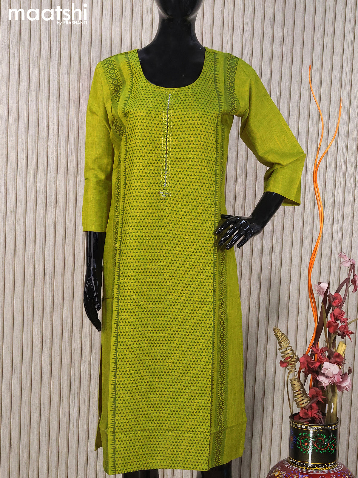 Rayon readymade kurti light green with allover geometric prints & mirror work neck pattern without pant