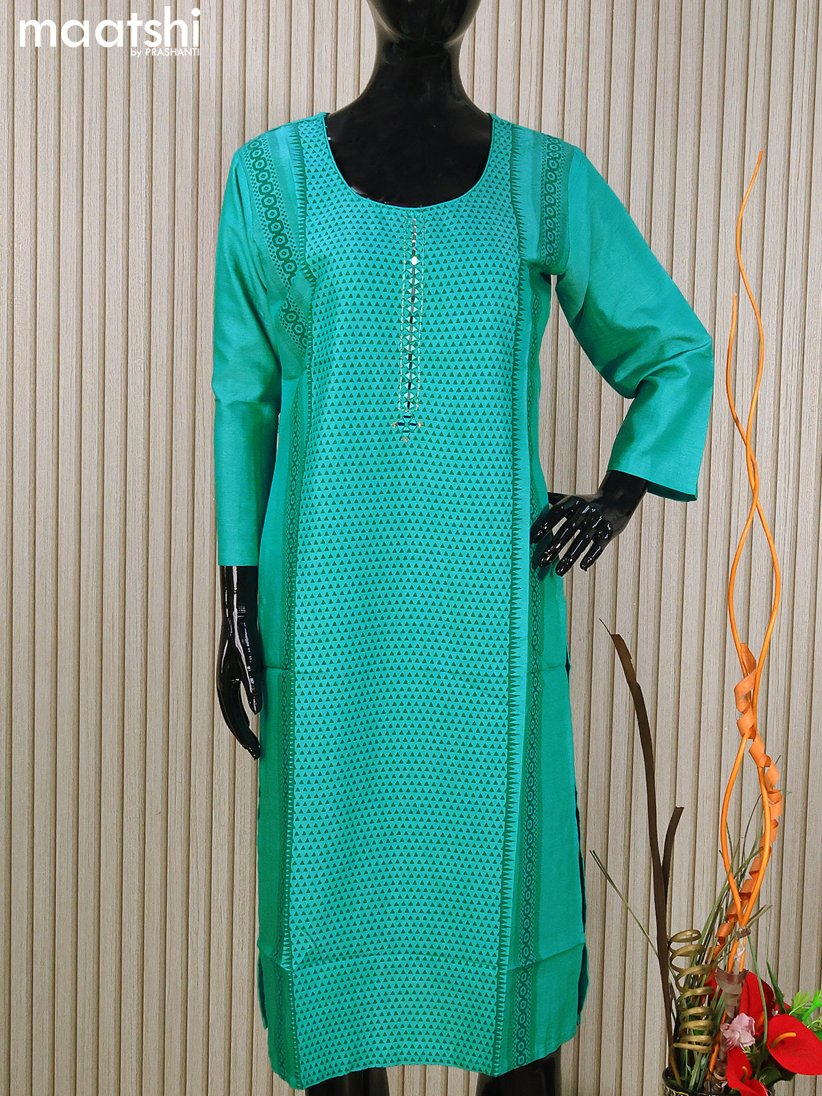 Rayon readymade kurti teal blue with allover prints & mirror work neck pattern without pant