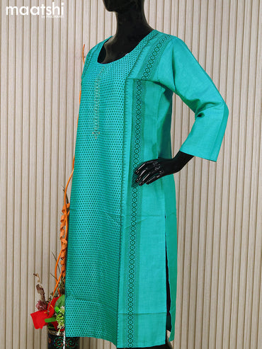 Rayon readymade kurti teal blue with allover prints & mirror work neck pattern without pant