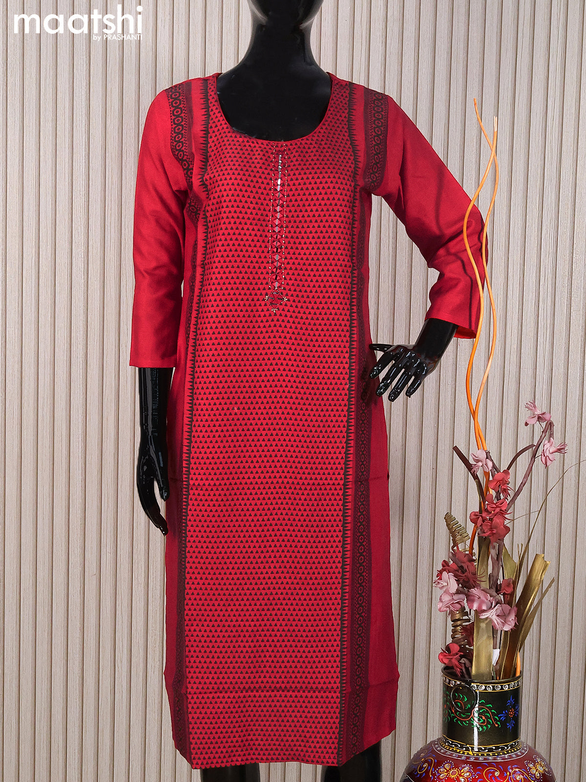 Rayon readymade kurti red with allover prints & mirror work neck pattern without pant