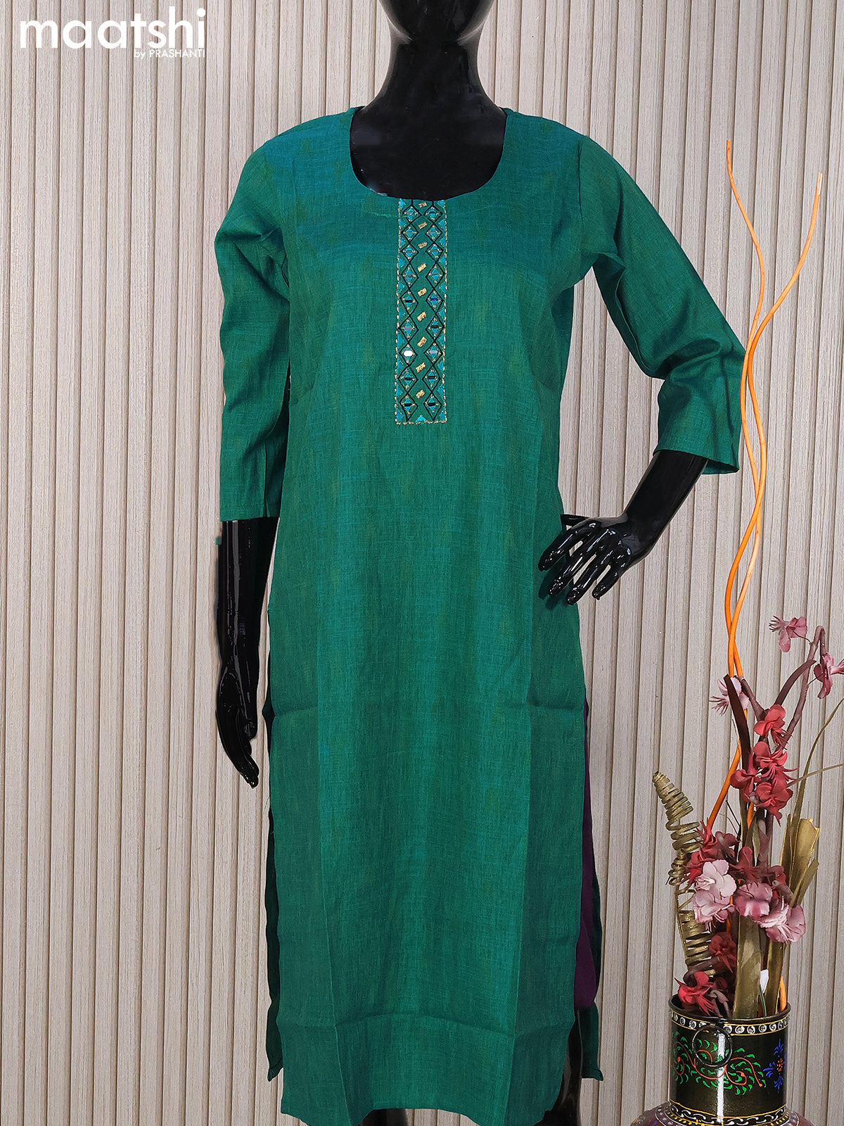 Rayon readymade kurti teal green with mirror work neck pattern without pant