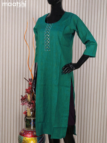 Rayon readymade kurti teal green with mirror work neck pattern without pant