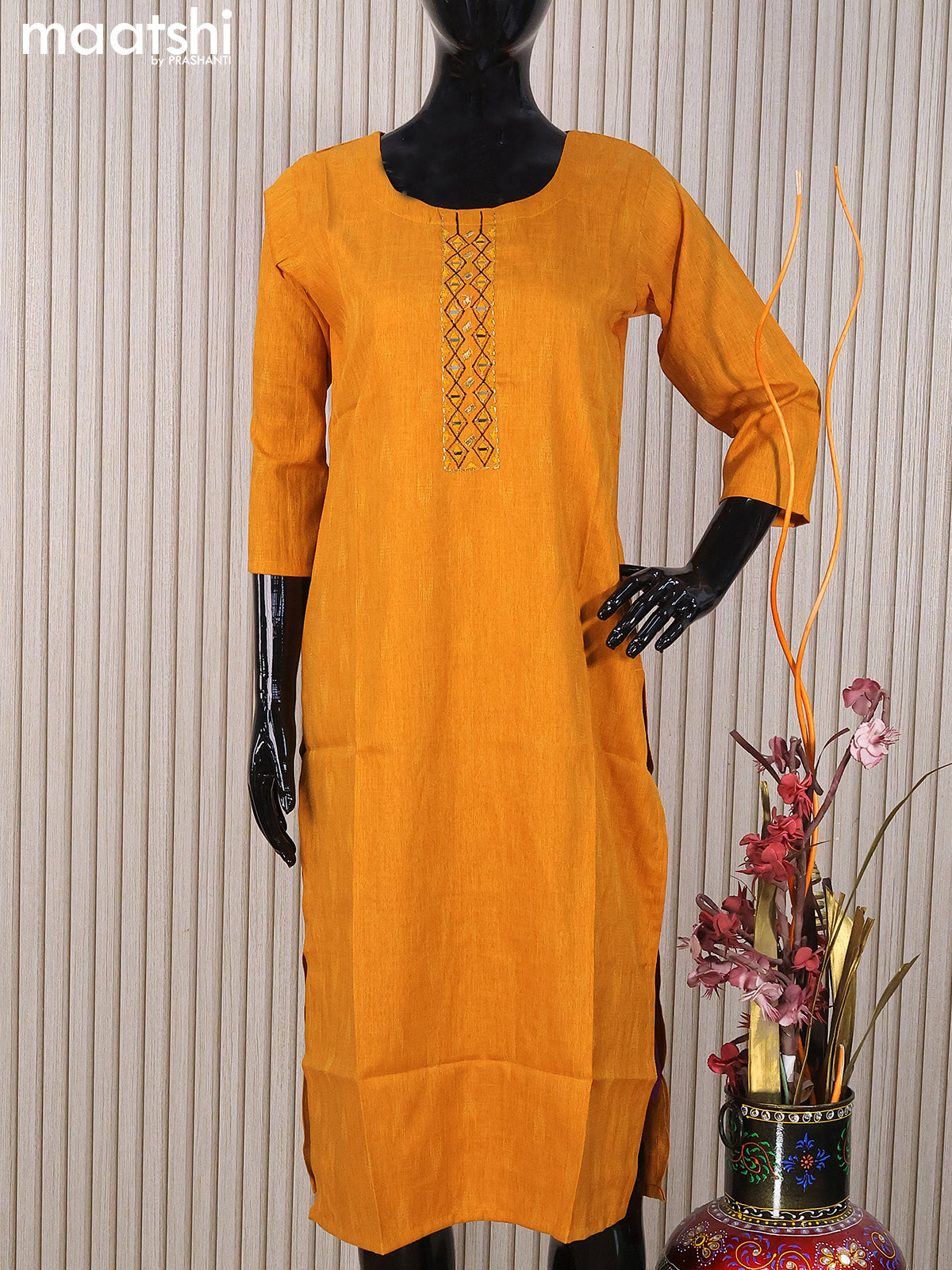 Rayon readymade kurti mustard yellow with mirror work neck pattern without pant