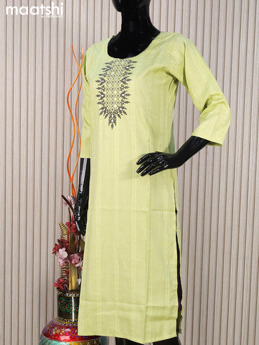 Rayon readymade kurti pista green with embroidery work neck pattern without pant