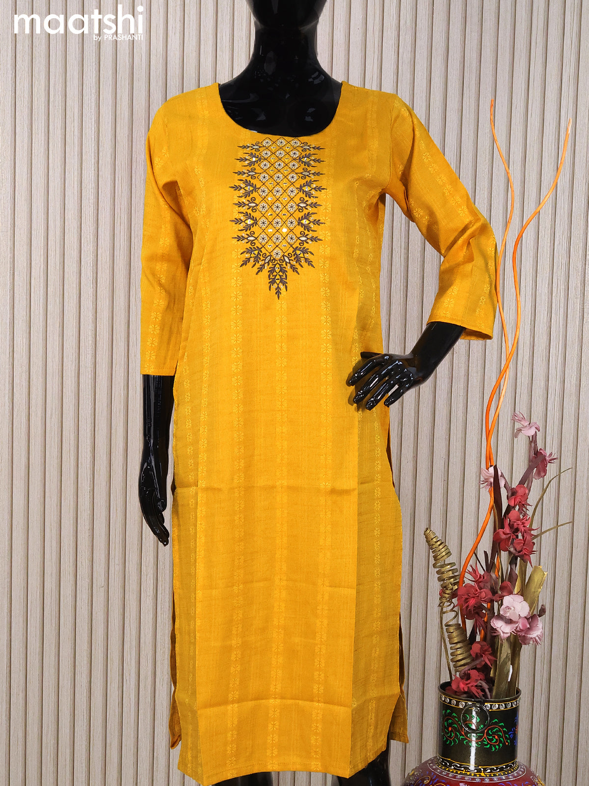 Rayon readymade kurti mustard yellow with embroidery work neck pattern without pant