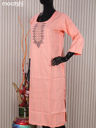 Rayon readymade kurti peach orange with embroidery work neck pattern without pant