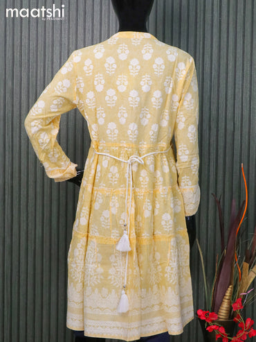 Cotton readymade short umbrella kurti pale yellow with allover prints & crocia lace work neck pattern and without pant